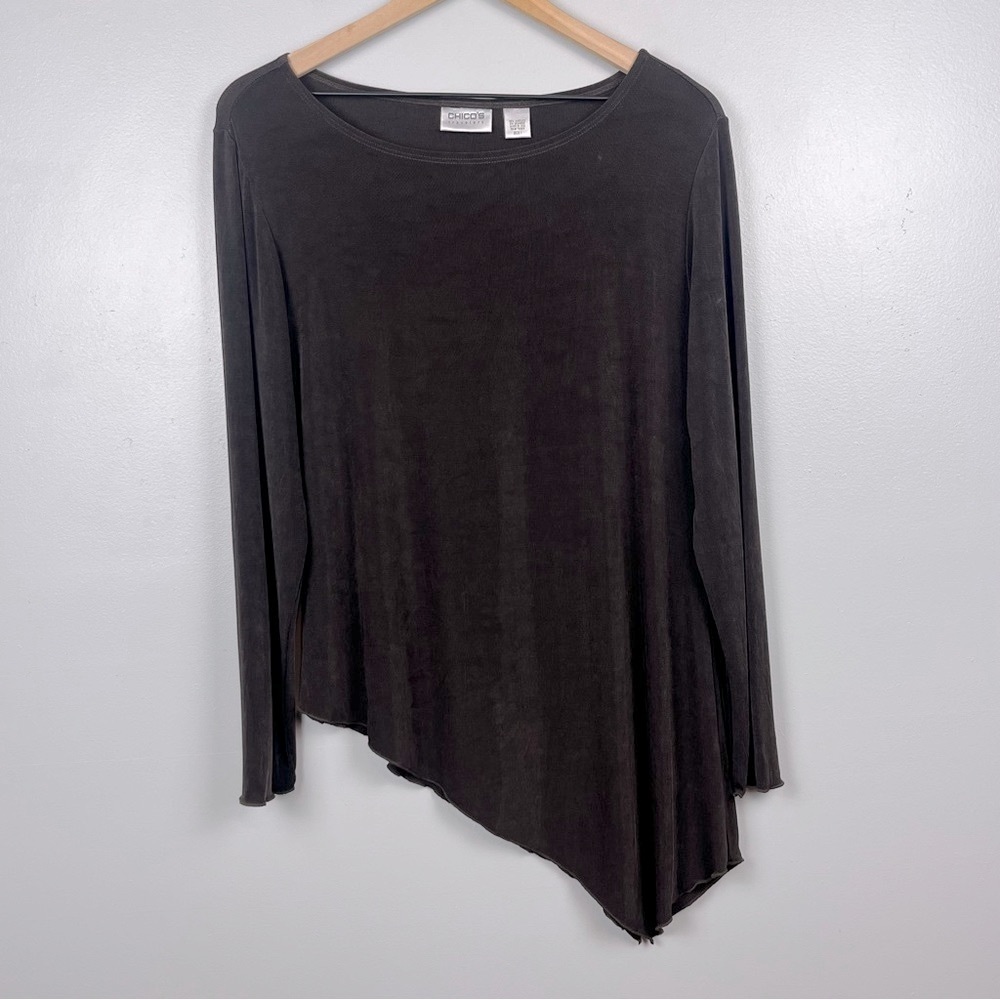 Chico’s Travelers slinky knit brown asymmetric hem long sleeve blouse, medium.
